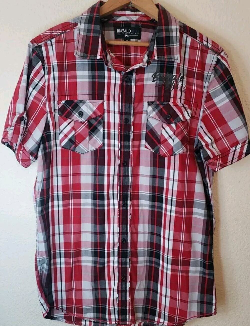 Buffalo BLU David Bitton Button Up Shirt Mens MEDIUM 2 SIDED GRAPHIC Script